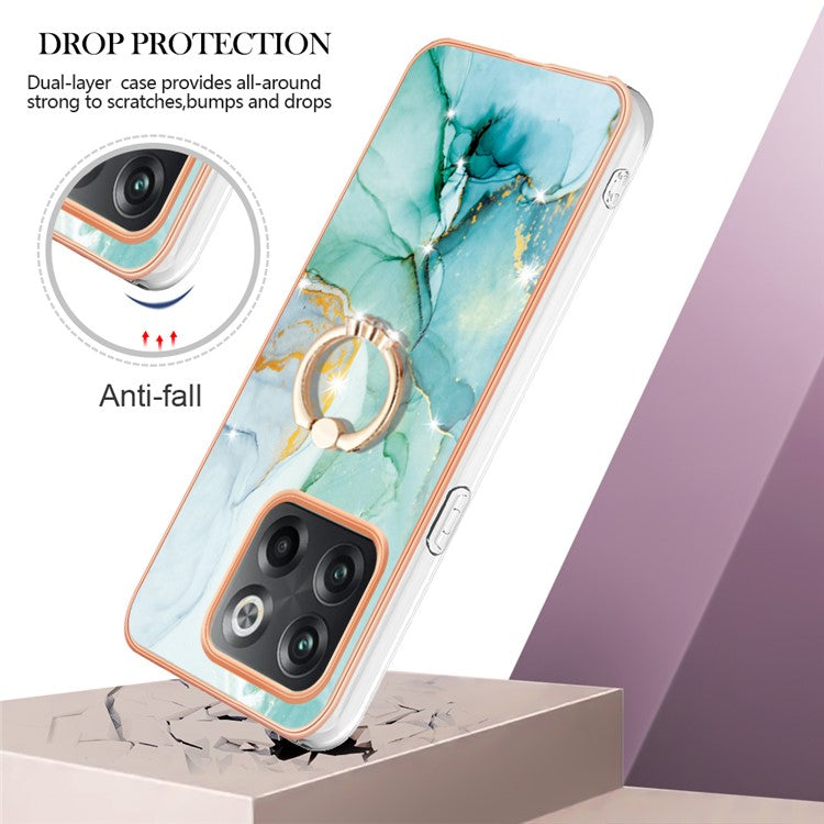 For OnePlus 10T 5G / Ace Pro 5G YB IMD Series-10 Ring Kickstand TPU Phone Case IMD IML Marble Pattern Electroplating Frame Protective Cover - Green 003
