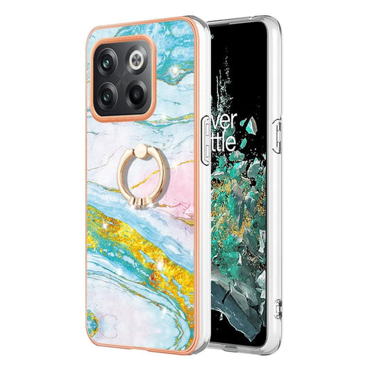 For OnePlus 10T 5G / Ace Pro 5G YB IMD Series-10 Ring Kickstand TPU Phone Case IMD IML Marble Pattern Electroplating Frame Protective Cover - Green 004
