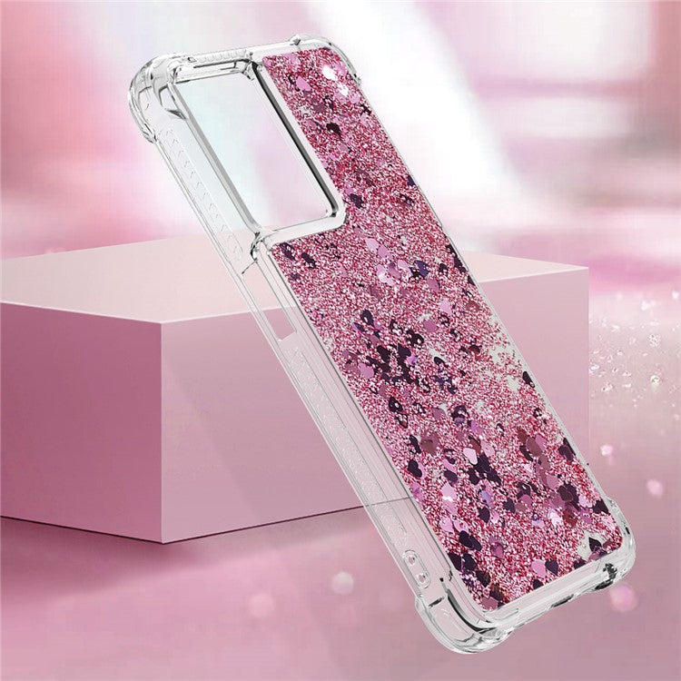 YB Quicksand Series-1 for OnePlus Nord N300 5G / Oppo A57 (2022) 5G / A77 5G / Realme Q5i / Narzo 50 5G / V23 5G Floating Glitter Quicksand Phone Case Soft TPU Cover - Rose Gold  /  Hearts