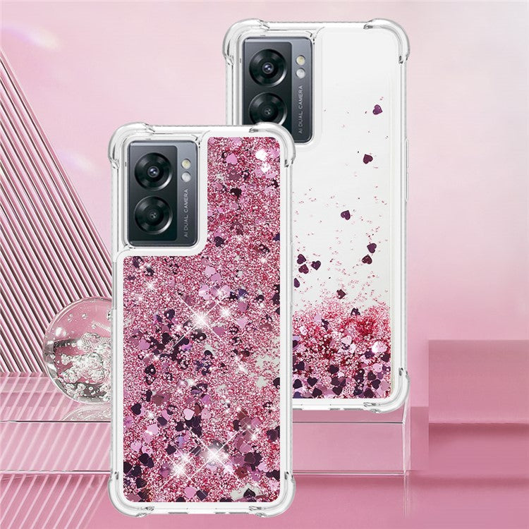 YB Quicksand Series-1 for OnePlus Nord N300 5G / Oppo A57 (2022) 5G / A77 5G / Realme Q5i / Narzo 50 5G / V23 5G Floating Glitter Quicksand Phone Case Soft TPU Cover - Rose Gold  /  Hearts
