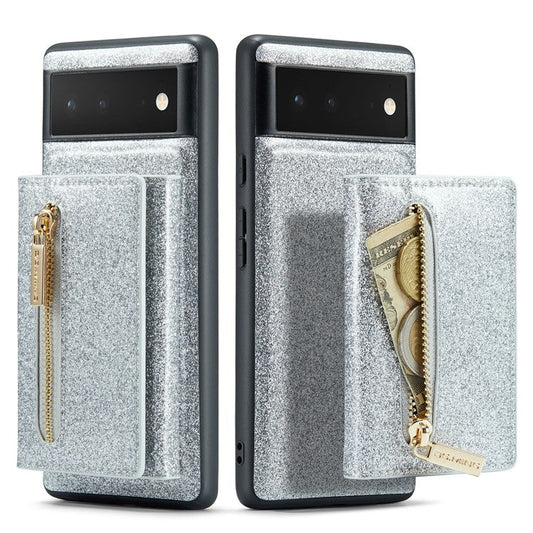 DG.MING M3 Series For Google Pixel 6 2-in-1 Glittery PU Leather Coated PC+TPU Back Case Magnetic Detachable Zipper Wallet Drop Protection Phone Cover with Kickstand - Silver