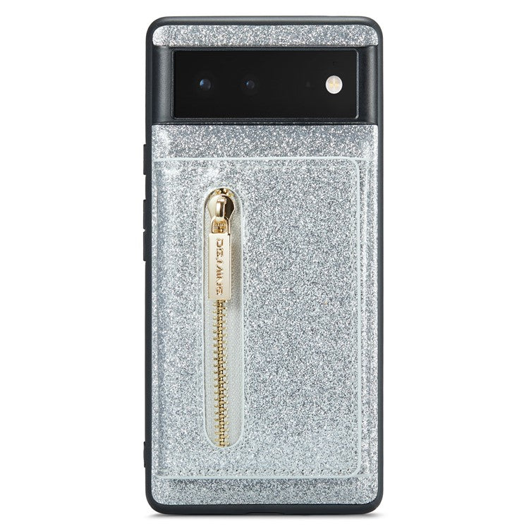 DG.MING M3 Series For Google Pixel 6 2-in-1 Glittery PU Leather Coated PC+TPU Back Case Magnetic Detachable Zipper Wallet Drop Protection Phone Cover with Kickstand - Silver