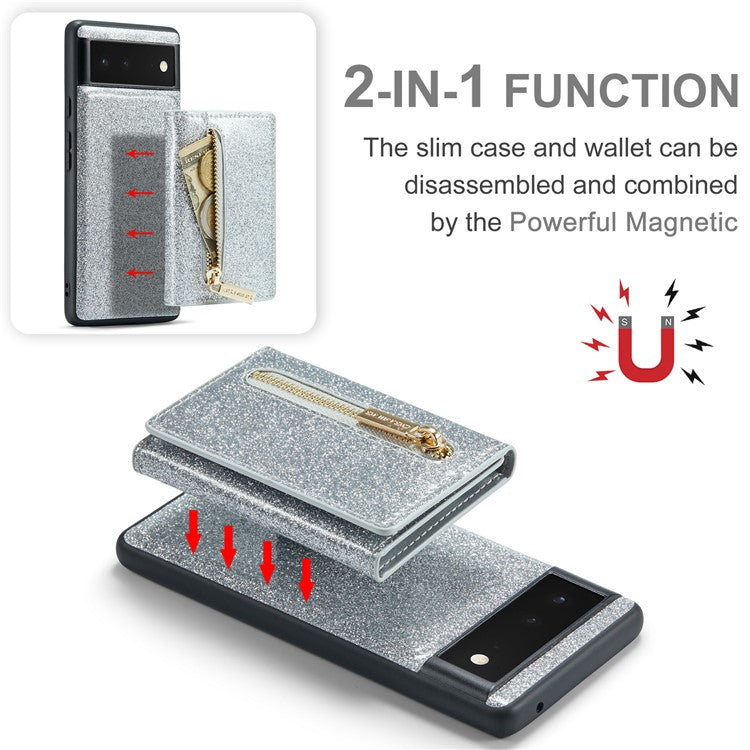 DG.MING M3 Series For Google Pixel 6 2-in-1 Glittery PU Leather Coated PC+TPU Back Case Magnetic Detachable Zipper Wallet Drop Protection Phone Cover with Kickstand - Silver
