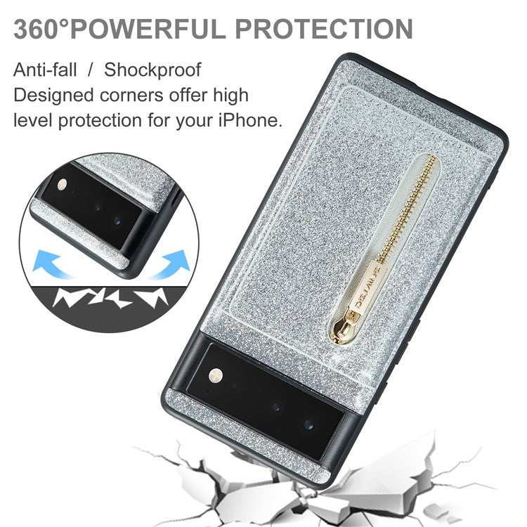 DG.MING M3 Series For Google Pixel 6 2-in-1 Glittery PU Leather Coated PC+TPU Back Case Magnetic Detachable Zipper Wallet Drop Protection Phone Cover with Kickstand - Silver