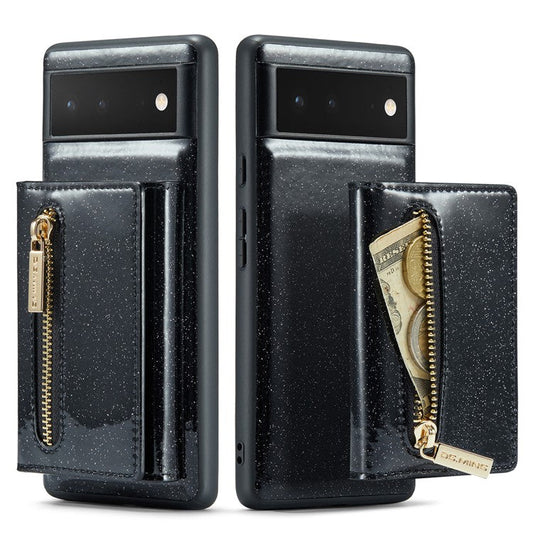 DG.MING M3 Series For Google Pixel 6 2-in-1 Glittery PU Leather Coated PC+TPU Back Case Magnetic Detachable Zipper Wallet Drop Protection Phone Cover with Kickstand - Black