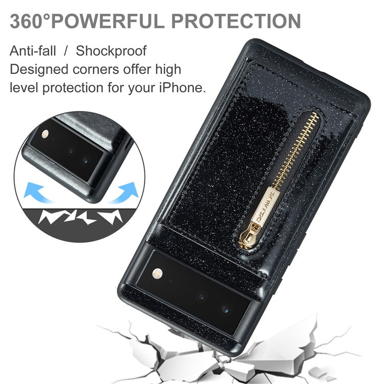 DG.MING M3 Series For Google Pixel 6 2-in-1 Glittery PU Leather Coated PC+TPU Back Case Magnetic Detachable Zipper Wallet Drop Protection Phone Cover with Kickstand - Black