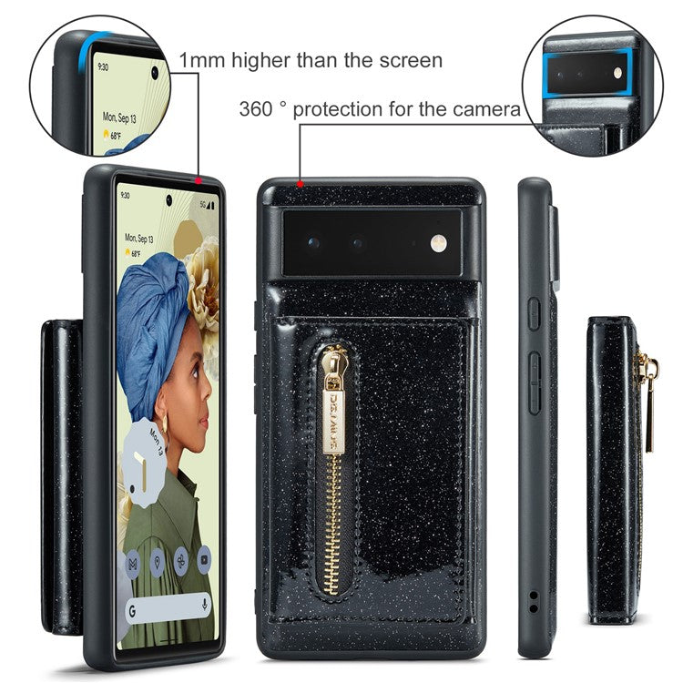 DG.MING M3 Series For Google Pixel 6 2-in-1 Glittery PU Leather Coated PC+TPU Back Case Magnetic Detachable Zipper Wallet Drop Protection Phone Cover with Kickstand - Black
