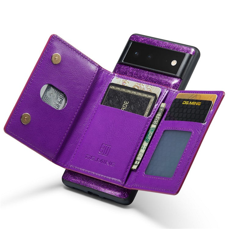 DG.MING M3 Series For Google Pixel 6 2-in-1 Glittery PU Leather Coated PC+TPU Back Case Magnetic Detachable Zipper Wallet Drop Protection Phone Cover with Kickstand - Dark Purple