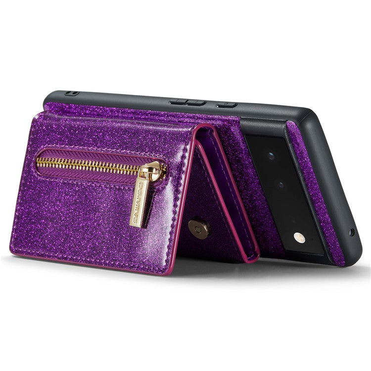 DG.MING M3 Series For Google Pixel 6 2-in-1 Glittery PU Leather Coated PC+TPU Back Case Magnetic Detachable Zipper Wallet Drop Protection Phone Cover with Kickstand - Dark Purple