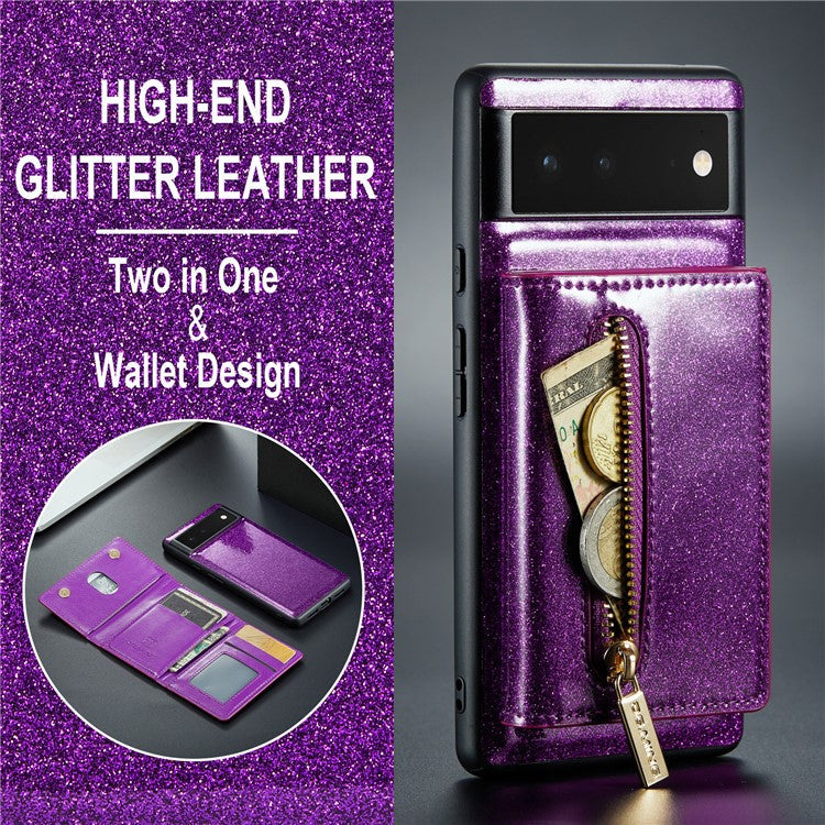 DG.MING M3 Series For Google Pixel 6 2-in-1 Glittery PU Leather Coated PC+TPU Back Case Magnetic Detachable Zipper Wallet Drop Protection Phone Cover with Kickstand - Dark Purple