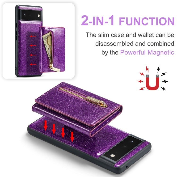 DG.MING M3 Series For Google Pixel 6 2-in-1 Glittery PU Leather Coated PC+TPU Back Case Magnetic Detachable Zipper Wallet Drop Protection Phone Cover with Kickstand - Dark Purple