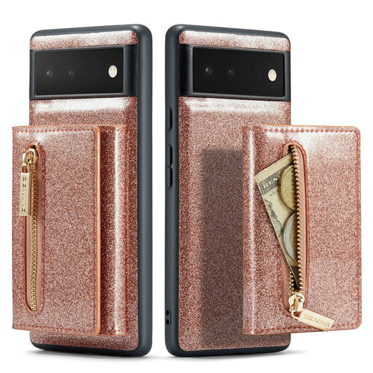 DG.MING M3 Series For Google Pixel 6 2-in-1 Glittery PU Leather Coated PC+TPU Back Case Magnetic Detachable Zipper Wallet Drop Protection Phone Cover with Kickstand - Rose Gold