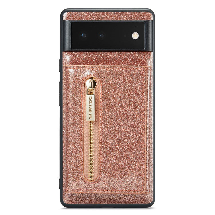 DG.MING M3 Series For Google Pixel 6 2-in-1 Glittery PU Leather Coated PC+TPU Back Case Magnetic Detachable Zipper Wallet Drop Protection Phone Cover with Kickstand - Rose Gold