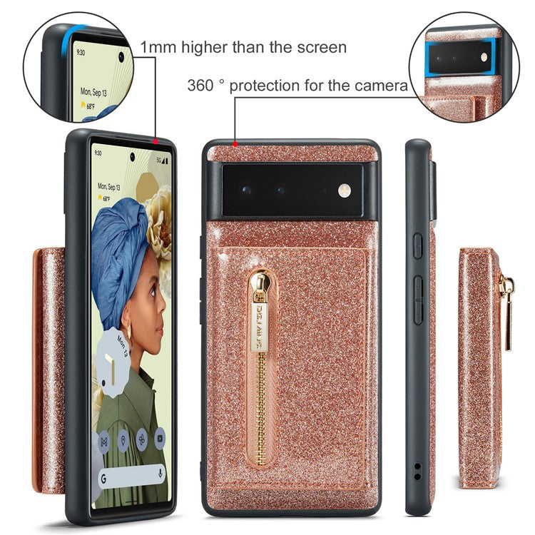 DG.MING M3 Series For Google Pixel 6 2-in-1 Glittery PU Leather Coated PC+TPU Back Case Magnetic Detachable Zipper Wallet Drop Protection Phone Cover with Kickstand - Rose Gold