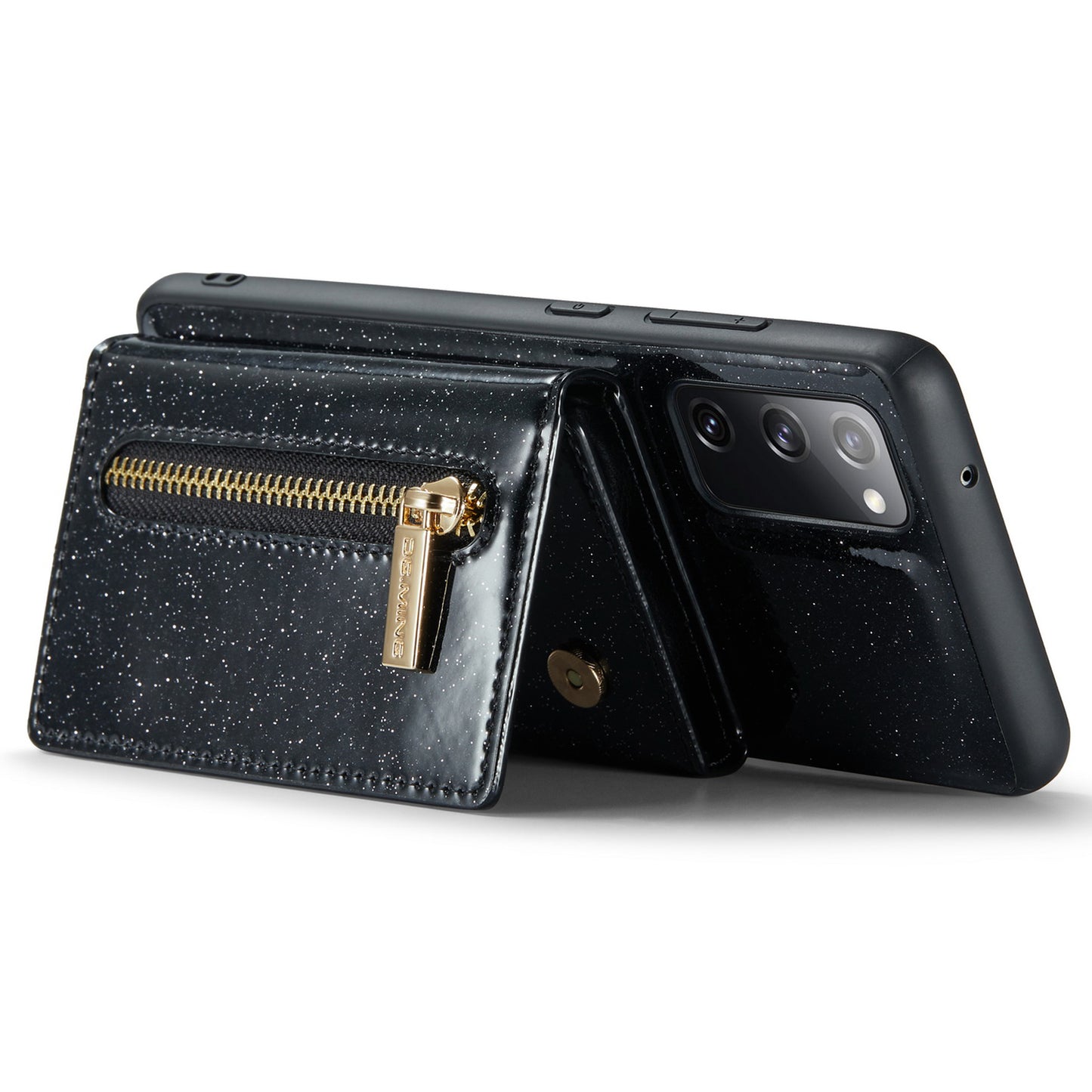 DG.MING M3 Series For Samsung Galaxy S20 FE 4G / 5G / S20 FE 2022 / S20 Lite 2-in-1 Glittery PU Leather Coated PC+TPU Back Case Kickstand Design Magnetic Detachable Zipper Wallet Phone Cover - Black