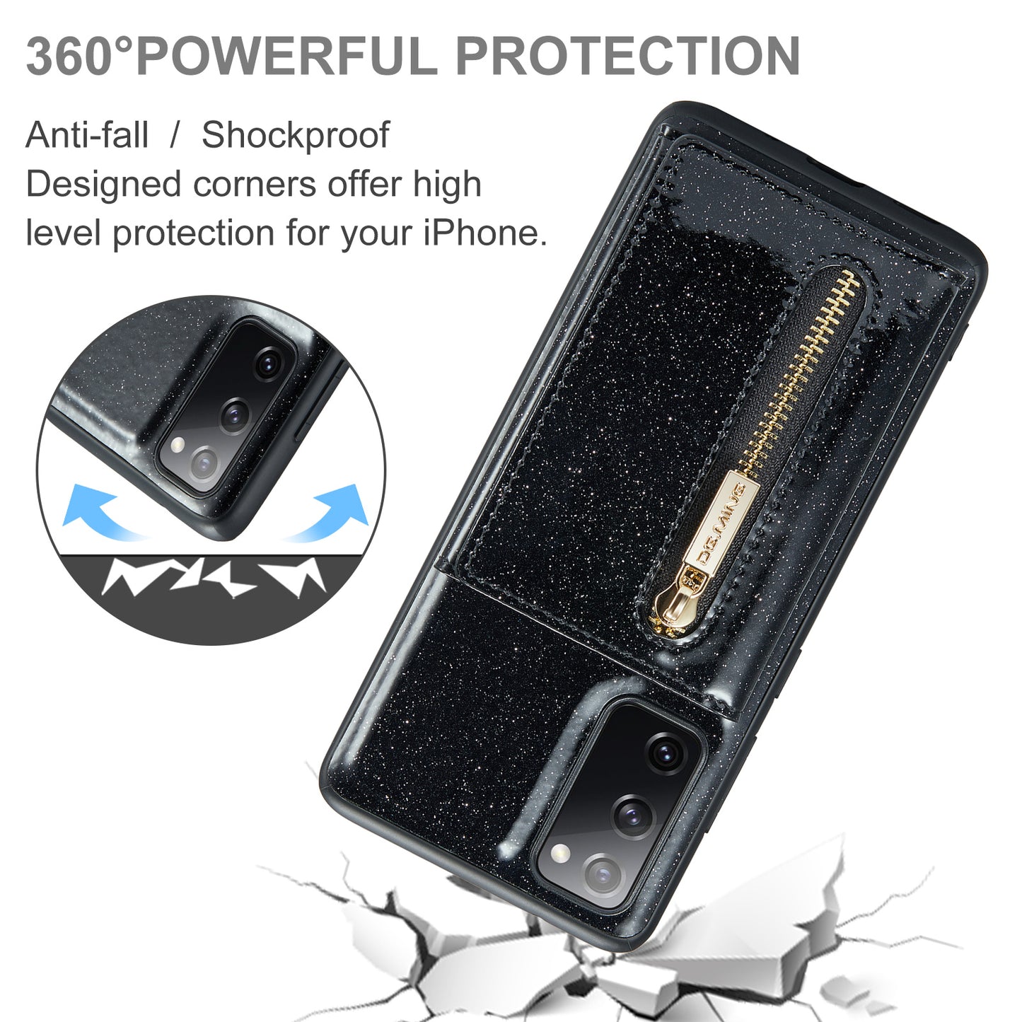 DG.MING M3 Series For Samsung Galaxy S20 FE 4G / 5G / S20 FE 2022 / S20 Lite 2-in-1 Glittery PU Leather Coated PC+TPU Back Case Kickstand Design Magnetic Detachable Zipper Wallet Phone Cover - Black