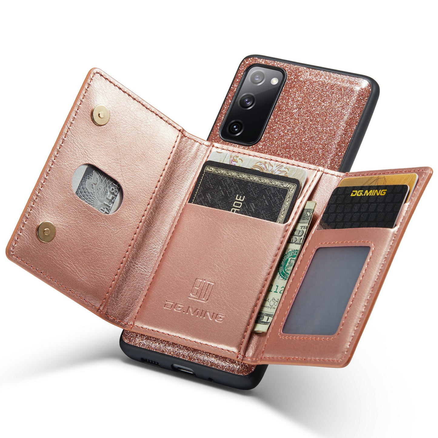 DG.MING M3 Series For Samsung Galaxy S20 FE 4G / 5G / S20 FE 2022 / S20 Lite 2-in-1 Glittery PU Leather Coated PC+TPU Back Case Kickstand Design Magnetic Detachable Zipper Wallet Phone Cover - Rose Gold