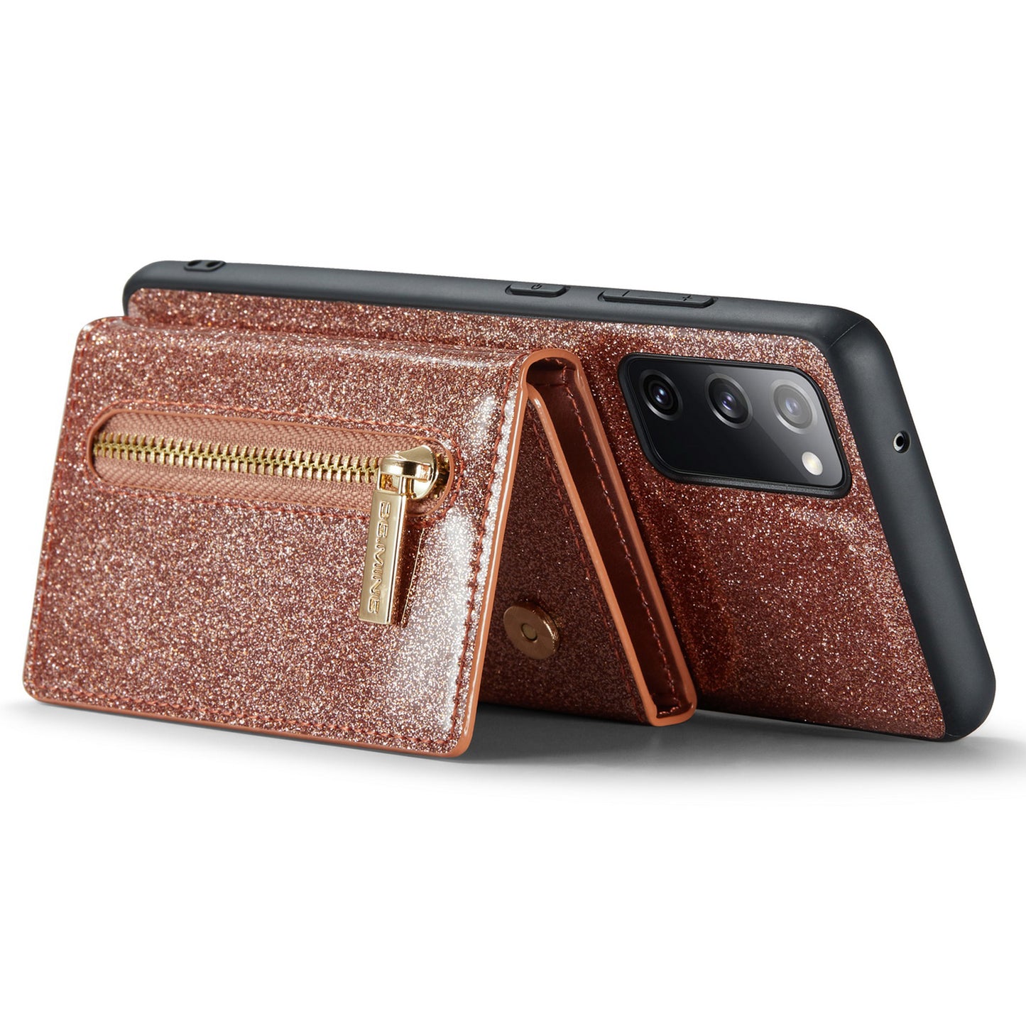 DG.MING M3 Series For Samsung Galaxy S20 FE 4G / 5G / S20 FE 2022 / S20 Lite 2-in-1 Glittery PU Leather Coated PC+TPU Back Case Kickstand Design Magnetic Detachable Zipper Wallet Phone Cover - Rose Gold