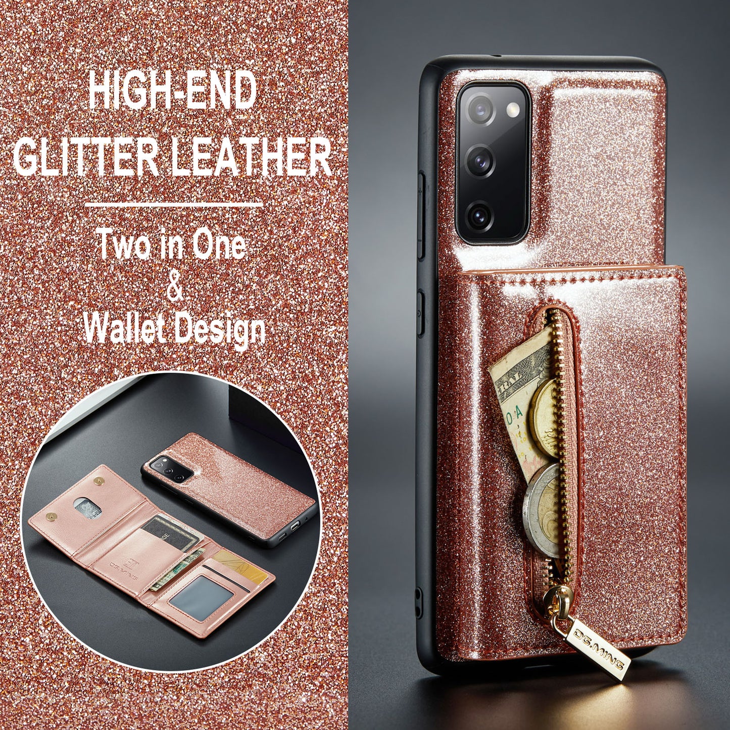 DG.MING M3 Series For Samsung Galaxy S20 FE 4G / 5G / S20 FE 2022 / S20 Lite 2-in-1 Glittery PU Leather Coated PC+TPU Back Case Kickstand Design Magnetic Detachable Zipper Wallet Phone Cover - Rose Gold
