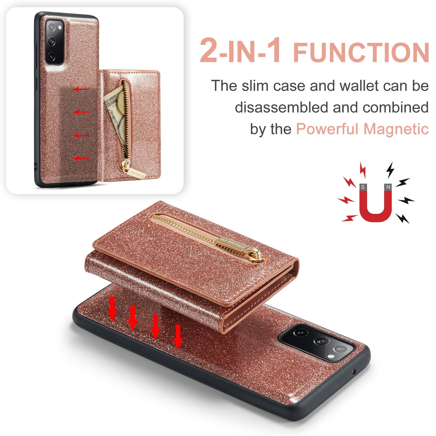 DG.MING M3 Series For Samsung Galaxy S20 FE 4G / 5G / S20 FE 2022 / S20 Lite 2-in-1 Glittery PU Leather Coated PC+TPU Back Case Kickstand Design Magnetic Detachable Zipper Wallet Phone Cover - Rose Gold