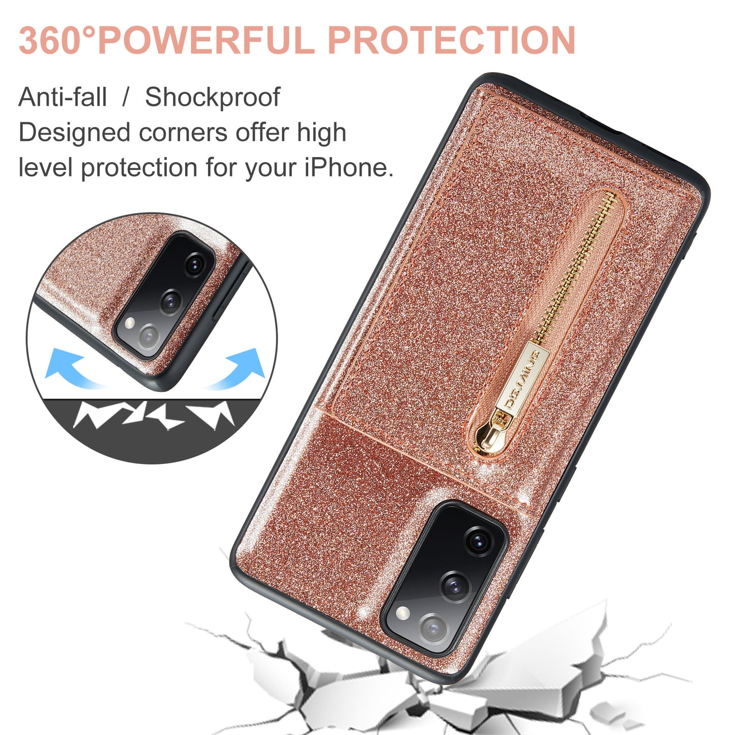 DG.MING M3 Series For Samsung Galaxy S20 FE 4G / 5G / S20 FE 2022 / S20 Lite 2-in-1 Glittery PU Leather Coated PC+TPU Back Case Kickstand Design Magnetic Detachable Zipper Wallet Phone Cover - Rose Gold