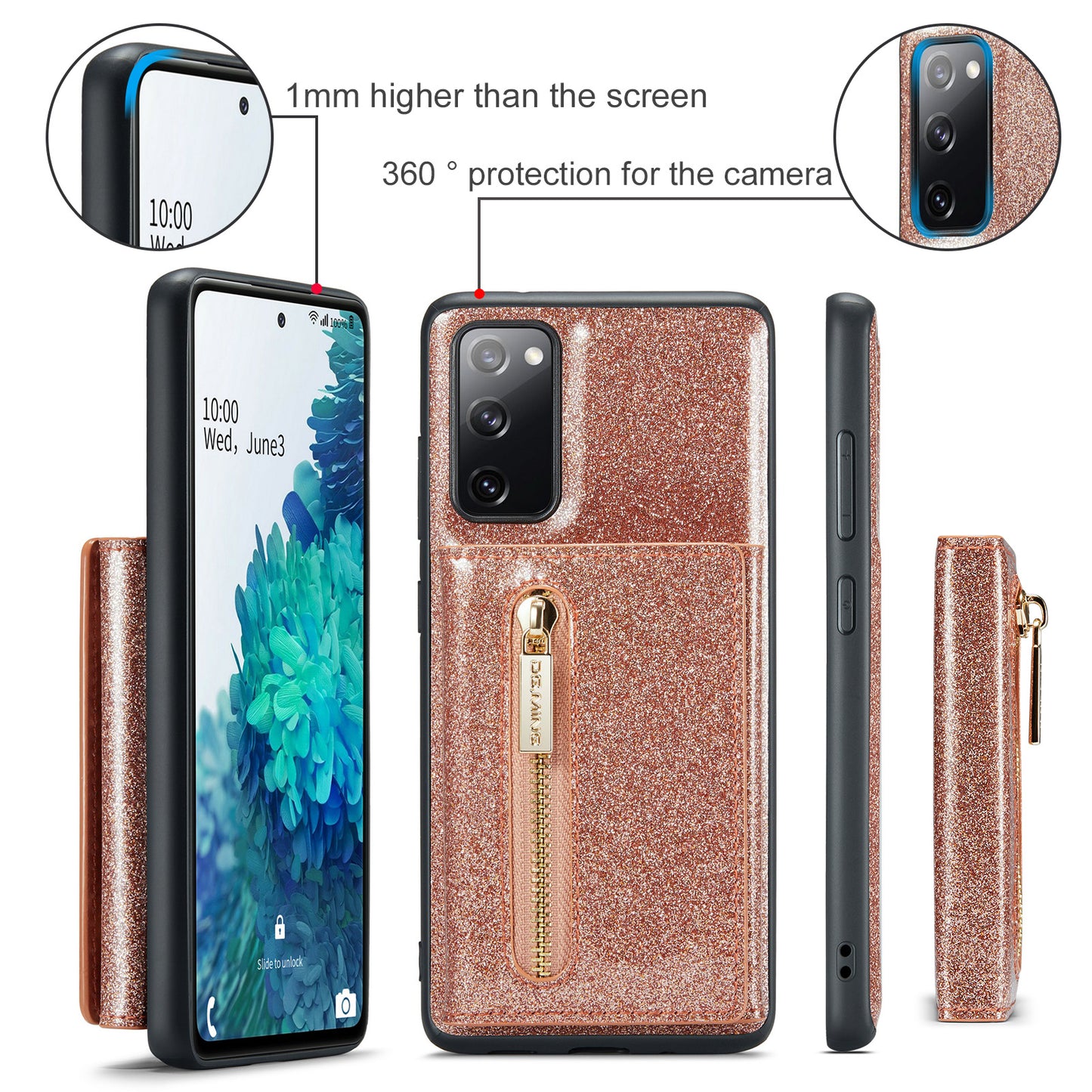 DG.MING M3 Series For Samsung Galaxy S20 FE 4G / 5G / S20 FE 2022 / S20 Lite 2-in-1 Glittery PU Leather Coated PC+TPU Back Case Kickstand Design Magnetic Detachable Zipper Wallet Phone Cover - Rose Gold