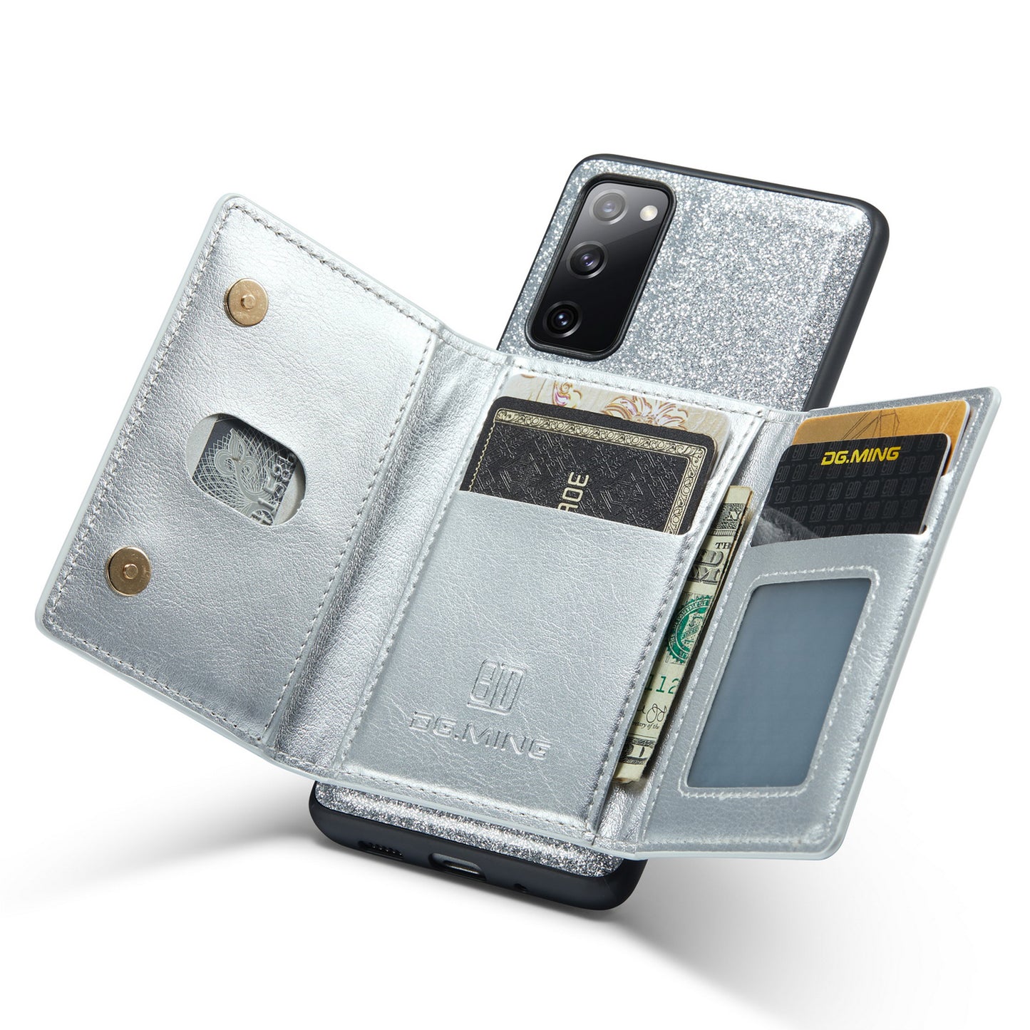 DG.MING M3 Series For Samsung Galaxy S20 FE 4G / 5G / S20 FE 2022 / S20 Lite 2-in-1 Glittery PU Leather Coated PC+TPU Back Case Kickstand Design Magnetic Detachable Zipper Wallet Phone Cover - Silver
