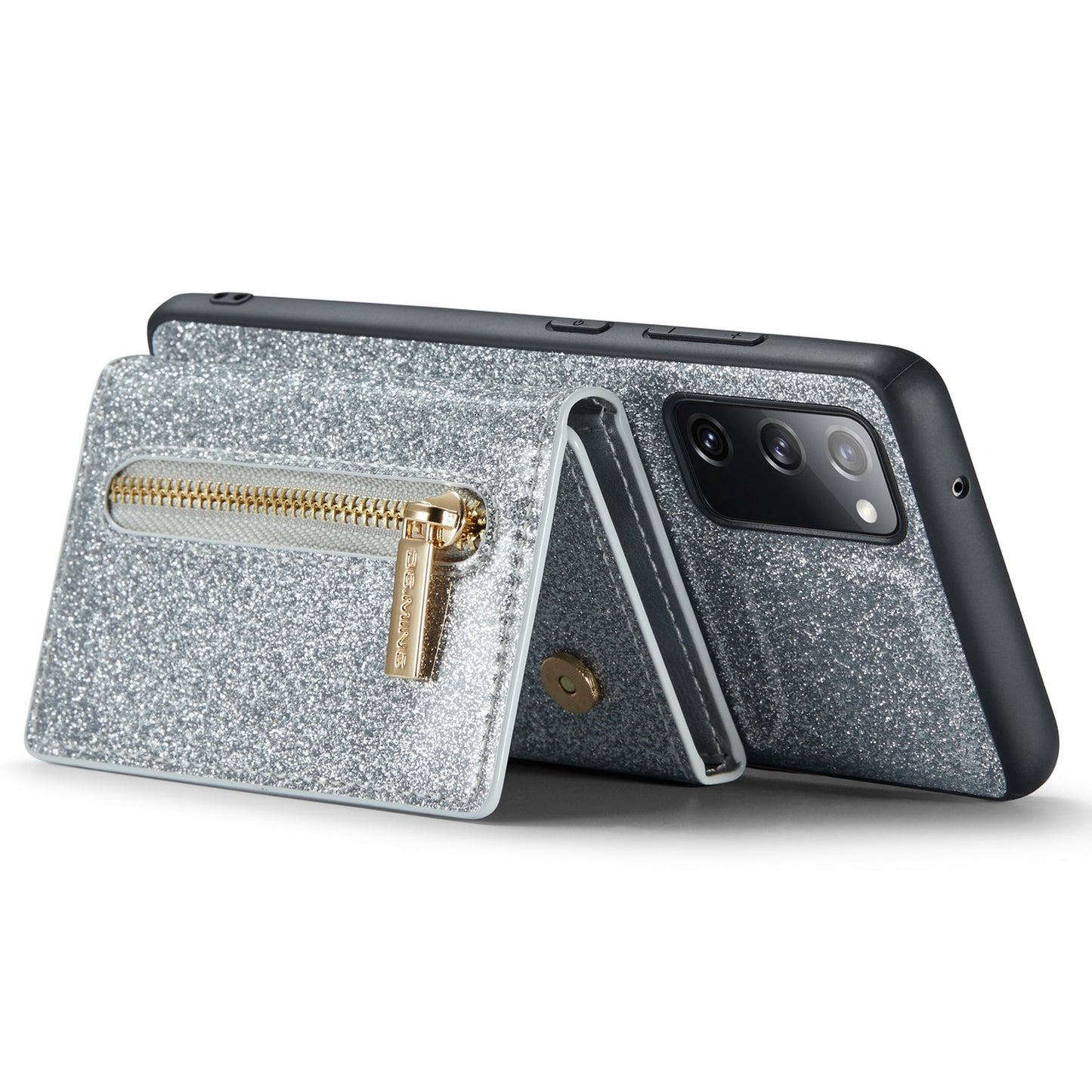 DG.MING M3 Series For Samsung Galaxy S20 FE 4G / 5G / S20 FE 2022 / S20 Lite 2-in-1 Glittery PU Leather Coated PC+TPU Back Case Kickstand Design Magnetic Detachable Zipper Wallet Phone Cover - Silver