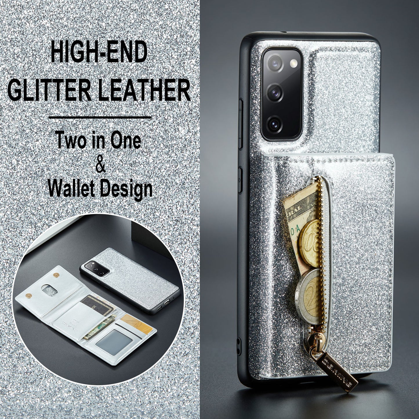 DG.MING M3 Series For Samsung Galaxy S20 FE 4G / 5G / S20 FE 2022 / S20 Lite 2-in-1 Glittery PU Leather Coated PC+TPU Back Case Kickstand Design Magnetic Detachable Zipper Wallet Phone Cover - Silver