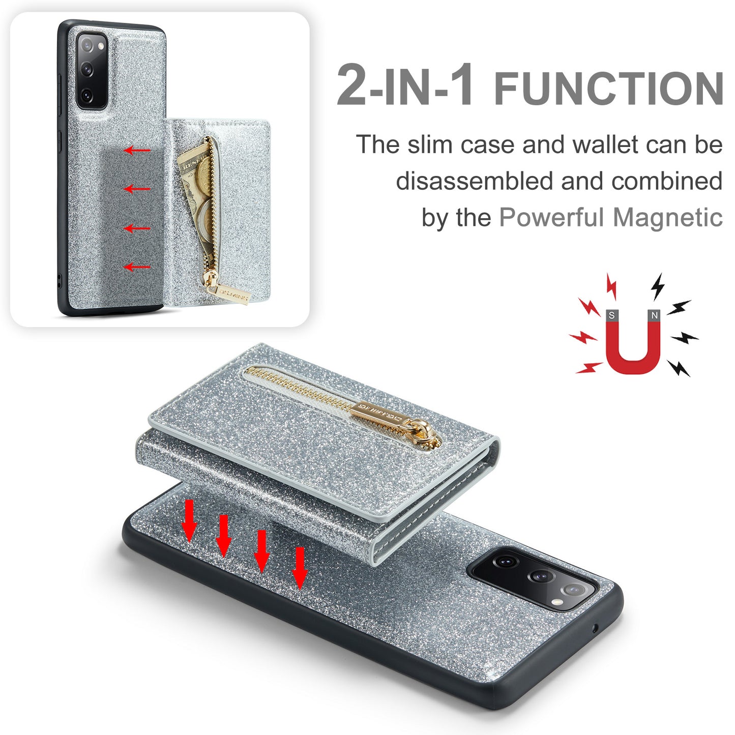 DG.MING M3 Series For Samsung Galaxy S20 FE 4G / 5G / S20 FE 2022 / S20 Lite 2-in-1 Glittery PU Leather Coated PC+TPU Back Case Kickstand Design Magnetic Detachable Zipper Wallet Phone Cover - Silver