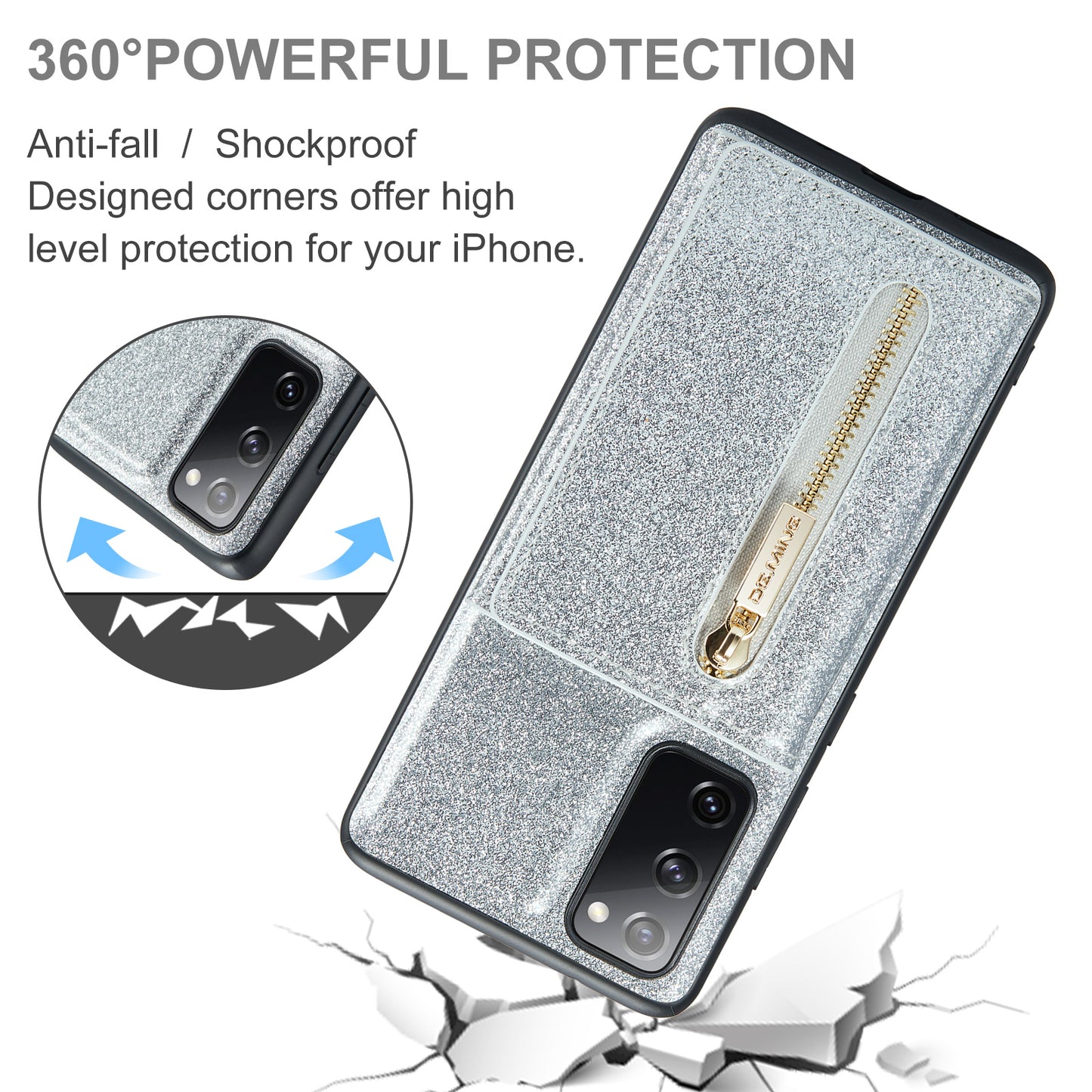 DG.MING M3 Series For Samsung Galaxy S20 FE 4G / 5G / S20 FE 2022 / S20 Lite 2-in-1 Glittery PU Leather Coated PC+TPU Back Case Kickstand Design Magnetic Detachable Zipper Wallet Phone Cover - Silver
