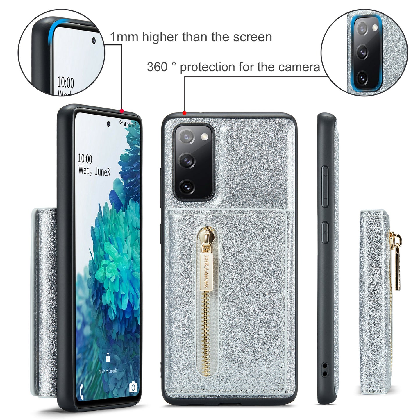 DG.MING M3 Series For Samsung Galaxy S20 FE 4G / 5G / S20 FE 2022 / S20 Lite 2-in-1 Glittery PU Leather Coated PC+TPU Back Case Kickstand Design Magnetic Detachable Zipper Wallet Phone Cover - Silver