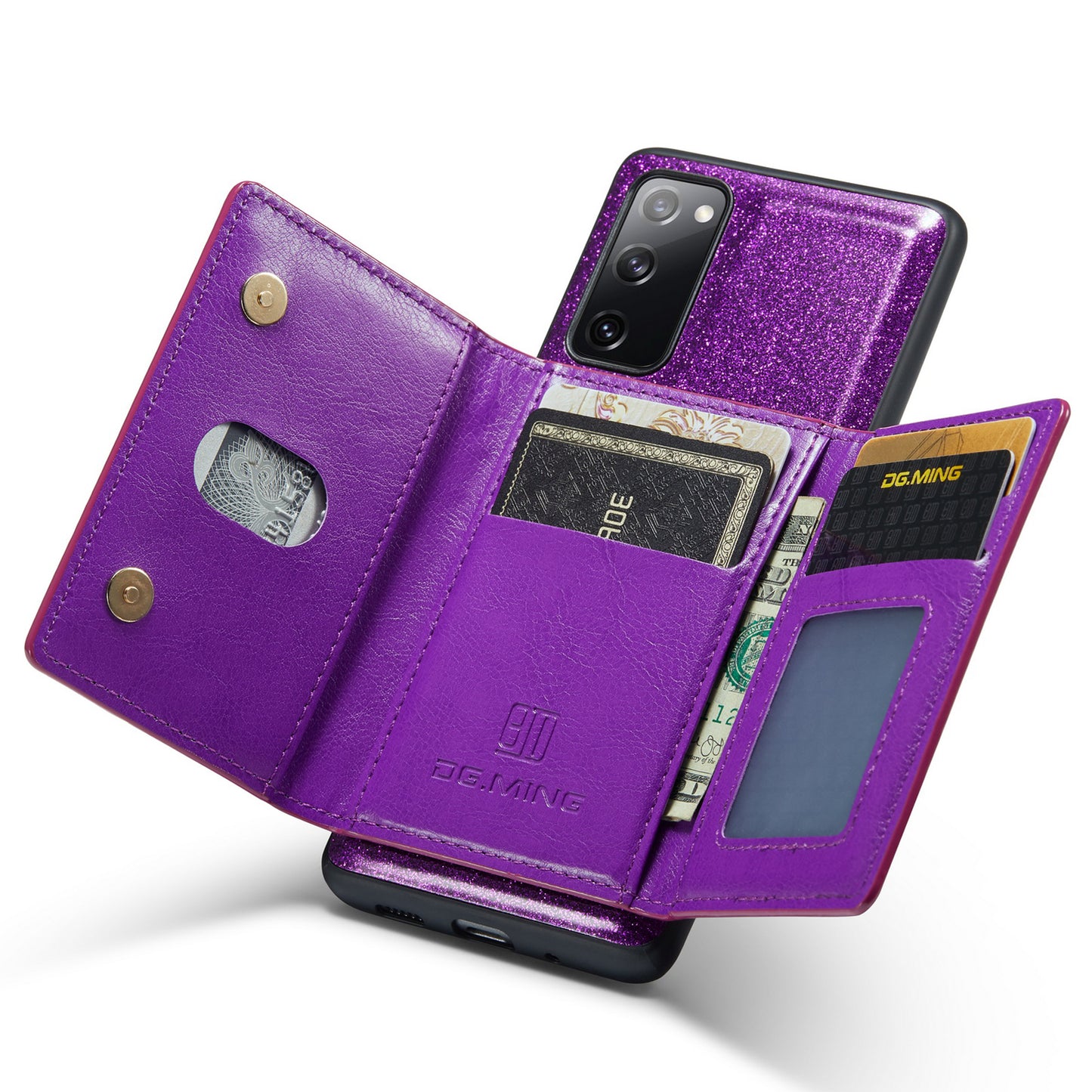 DG.MING M3 Series For Samsung Galaxy S20 FE 4G / 5G / S20 FE 2022 / S20 Lite 2-in-1 Glittery PU Leather Coated PC+TPU Back Case Kickstand Design Magnetic Detachable Zipper Wallet Phone Cover - Dark Purple