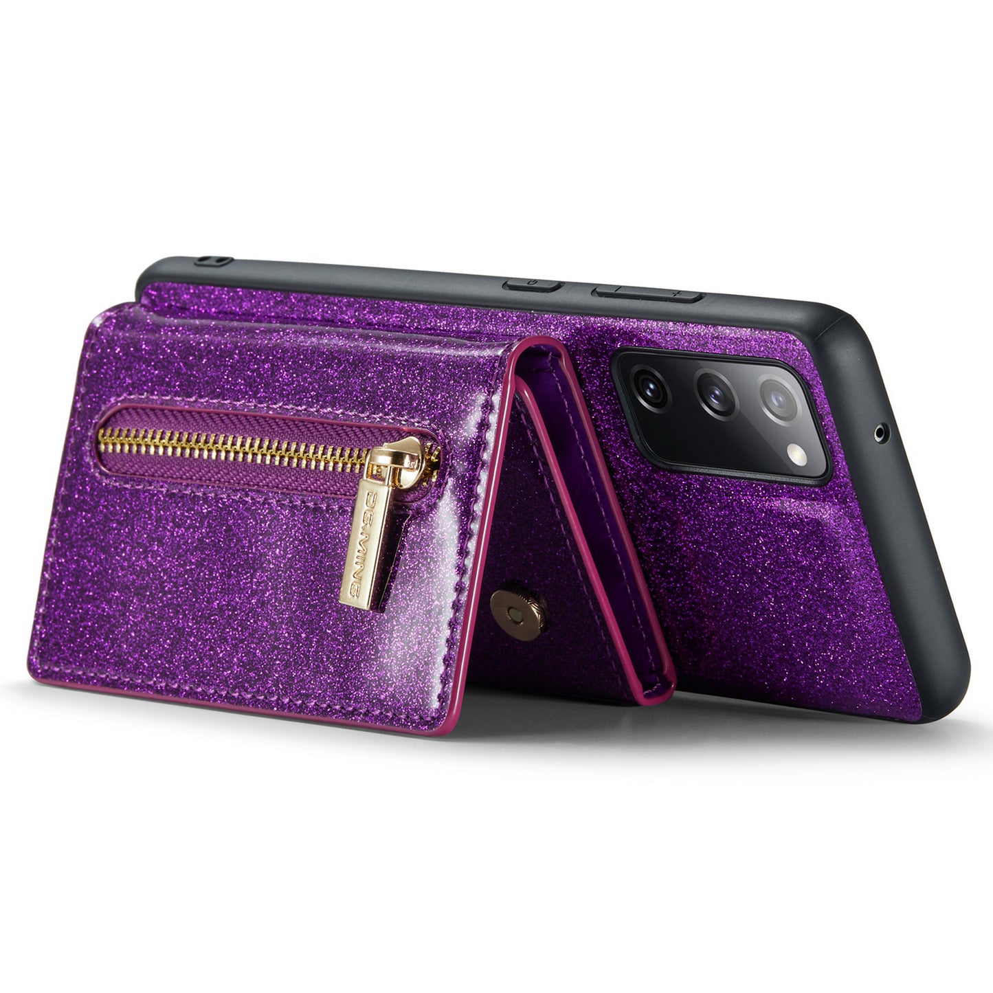 DG.MING M3 Series For Samsung Galaxy S20 FE 4G / 5G / S20 FE 2022 / S20 Lite 2-in-1 Glittery PU Leather Coated PC+TPU Back Case Kickstand Design Magnetic Detachable Zipper Wallet Phone Cover - Dark Purple