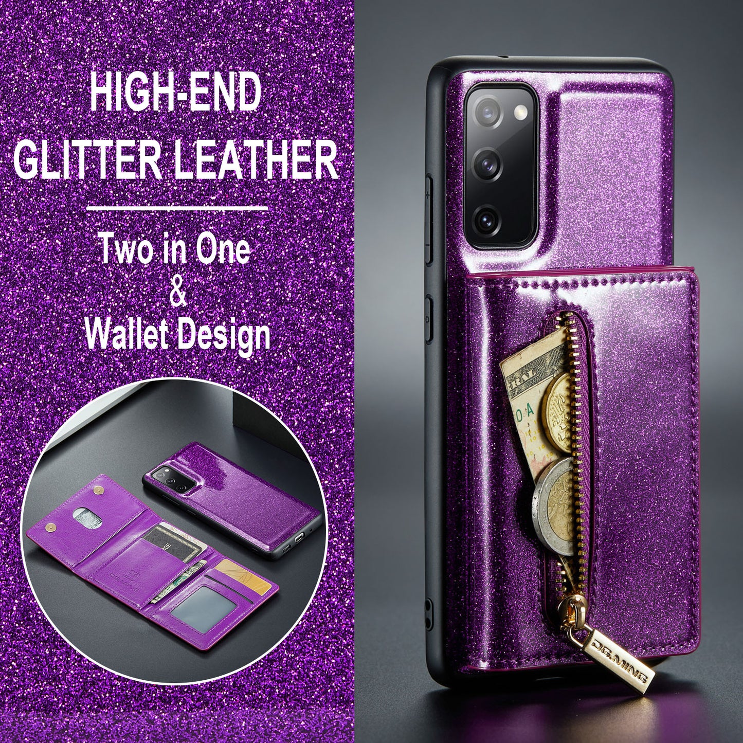 DG.MING M3 Series For Samsung Galaxy S20 FE 4G / 5G / S20 FE 2022 / S20 Lite 2-in-1 Glittery PU Leather Coated PC+TPU Back Case Kickstand Design Magnetic Detachable Zipper Wallet Phone Cover - Dark Purple