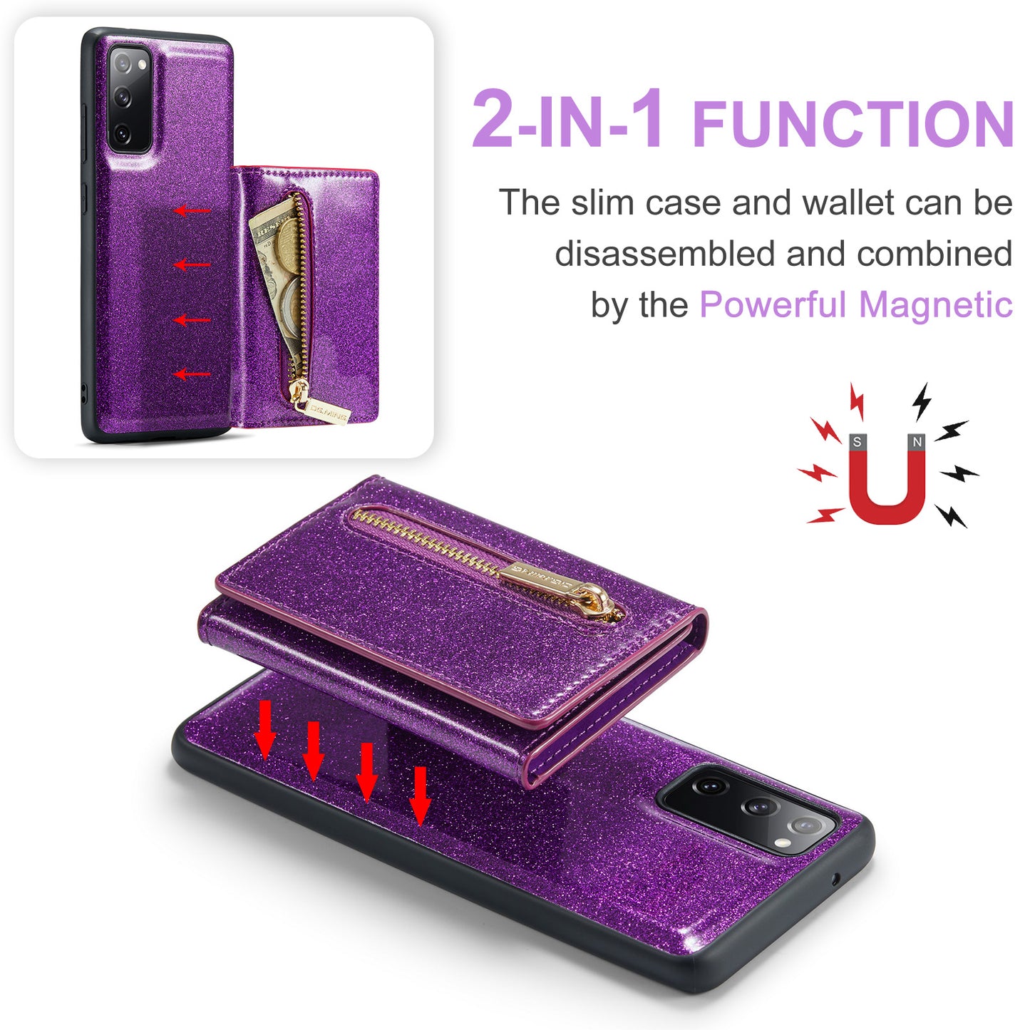DG.MING M3 Series For Samsung Galaxy S20 FE 4G / 5G / S20 FE 2022 / S20 Lite 2-in-1 Glittery PU Leather Coated PC+TPU Back Case Kickstand Design Magnetic Detachable Zipper Wallet Phone Cover - Dark Purple