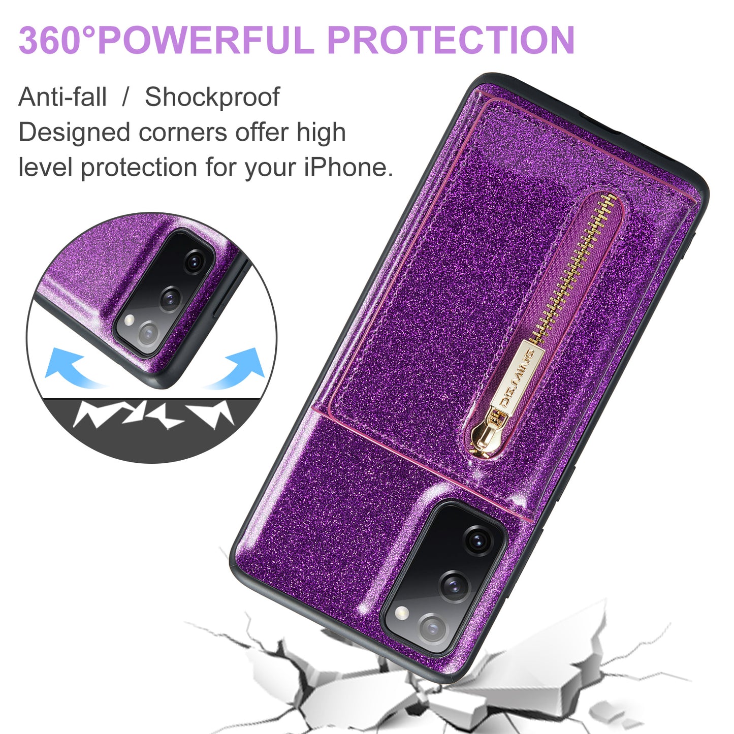 DG.MING M3 Series For Samsung Galaxy S20 FE 4G / 5G / S20 FE 2022 / S20 Lite 2-in-1 Glittery PU Leather Coated PC+TPU Back Case Kickstand Design Magnetic Detachable Zipper Wallet Phone Cover - Dark Purple
