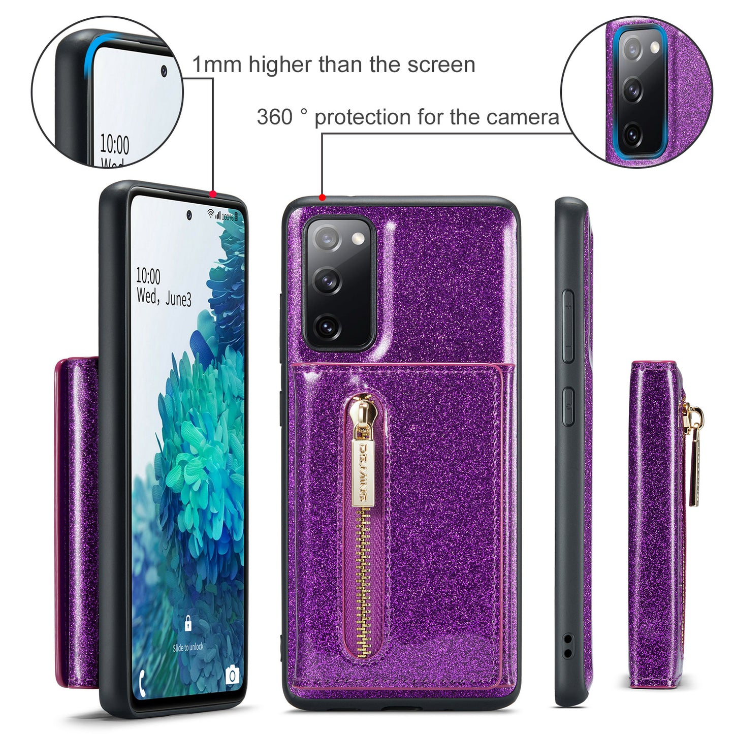 DG.MING M3 Series For Samsung Galaxy S20 FE 4G / 5G / S20 FE 2022 / S20 Lite 2-in-1 Glittery PU Leather Coated PC+TPU Back Case Kickstand Design Magnetic Detachable Zipper Wallet Phone Cover - Dark Purple