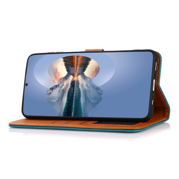 KHAZNEH Wallet Phone Case for Oppo Reno9 Pro+ 5G Cowhide Texture PU Leather Gold Buckle Shockproof Phone Cover with Stand - Blue