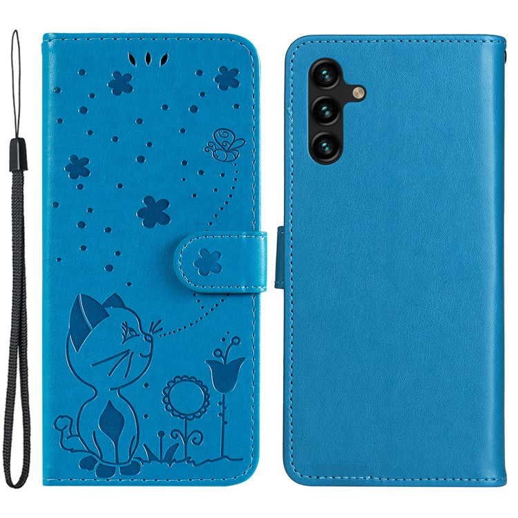 KT Imprinting Flower Series-4 for Samsung Galaxy A34 5G PU Leather Flip Phone Wallet Case Imprinted Cat Bee Flower Stand Shockproof Magnetic Phone Cover with Strap - Blue