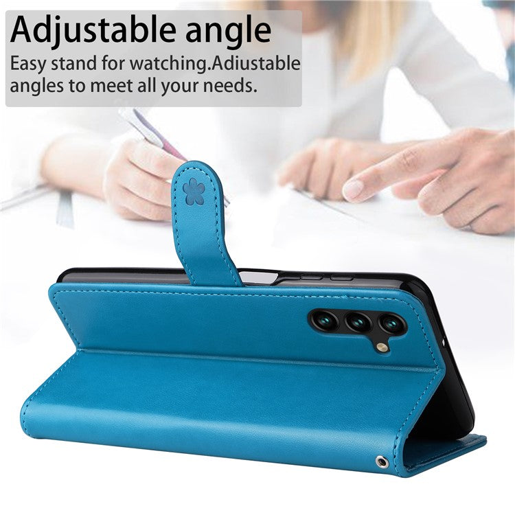 KT Imprinting Flower Series-4 for Samsung Galaxy A34 5G PU Leather Flip Phone Wallet Case Imprinted Cat Bee Flower Stand Shockproof Magnetic Phone Cover with Strap - Blue