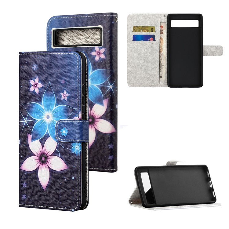 For Google Pixel 7a PU Leather Flip 3D Pattern Printing Phone Case Cross Texture Magnetic Closure Stand Folio Cover - Blue Flower