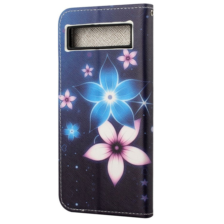 For Google Pixel 7a PU Leather Flip 3D Pattern Printing Phone Case Cross Texture Magnetic Closure Stand Folio Cover - Blue Flower