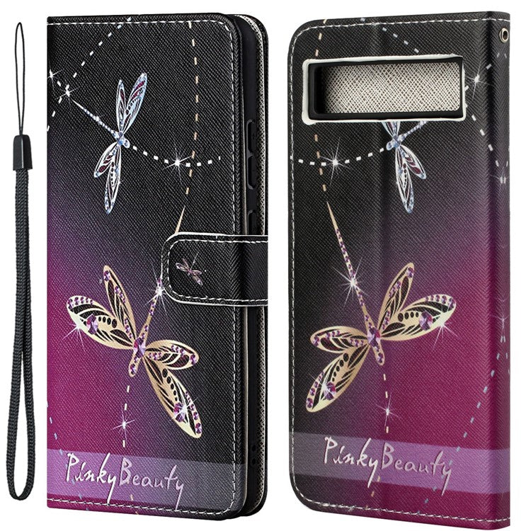 For Google Pixel 7a PU Leather Flip 3D Pattern Printing Phone Case Cross Texture Magnetic Closure Stand Folio Cover - Dragonflies