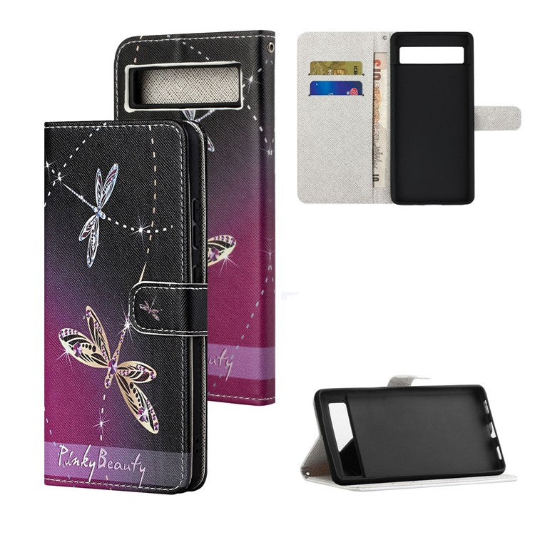 For Google Pixel 7a PU Leather Flip 3D Pattern Printing Phone Case Cross Texture Magnetic Closure Stand Folio Cover - Dragonflies