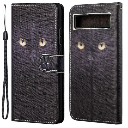 For Google Pixel 7a PU Leather Flip 3D Pattern Printing Phone Case Cross Texture Magnetic Closure Stand Folio Cover - Cat's Eye