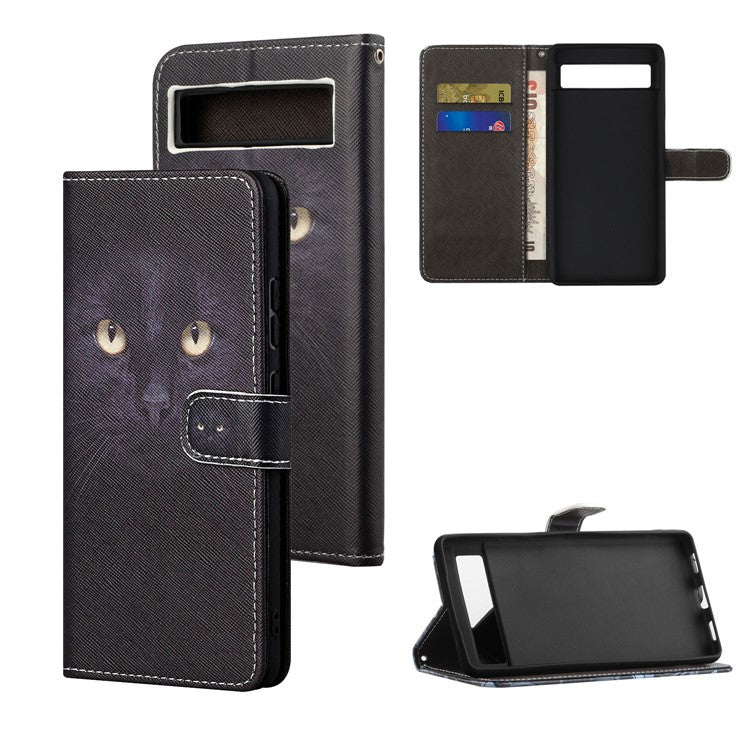 For Google Pixel 7a PU Leather Flip 3D Pattern Printing Phone Case Cross Texture Magnetic Closure Stand Folio Cover - Cat's Eye