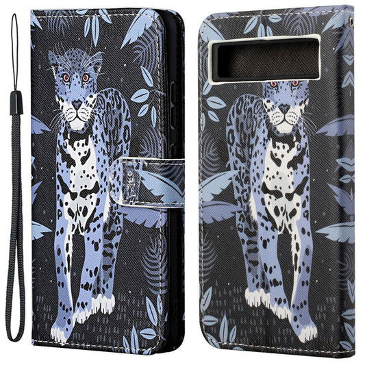 For Google Pixel 7a PU Leather Flip 3D Pattern Printing Phone Case Cross Texture Magnetic Closure Stand Folio Cover - Leopard