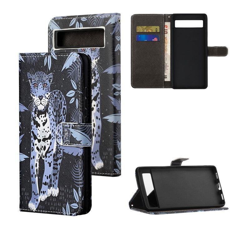 For Google Pixel 7a PU Leather Flip 3D Pattern Printing Phone Case Cross Texture Magnetic Closure Stand Folio Cover - Leopard