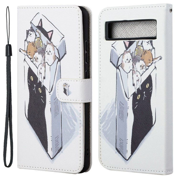 For Google Pixel 7a PU Leather Flip 3D Pattern Printing Phone Case Cross Texture Magnetic Closure Stand Folio Cover - Cats